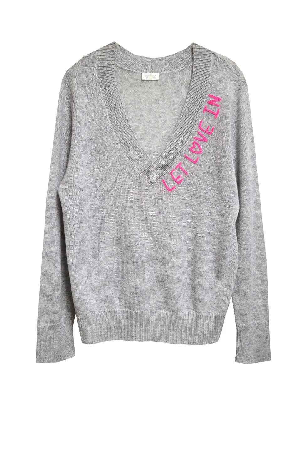 100% Cotton Essential V-Neck Sweater in Lt Grey with Let Love In Embroidery Stitch