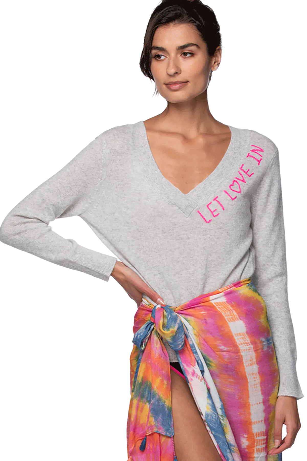 100% Cotton Essential V-Neck Sweater in Lt Grey with Let Love In Embroidery Stitch