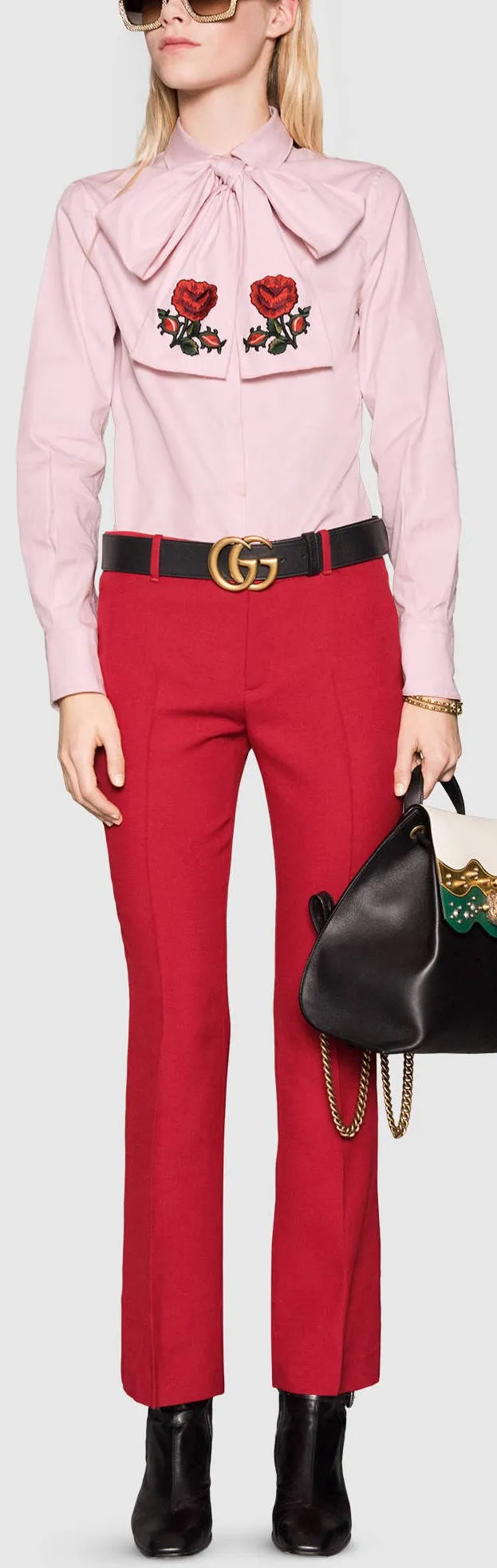 3 Pc Set Includes: Red Ruffle Single Breasted Jacket, Matching Red Dress Pants & Embroidered Pink Oxford Shirt with Bow