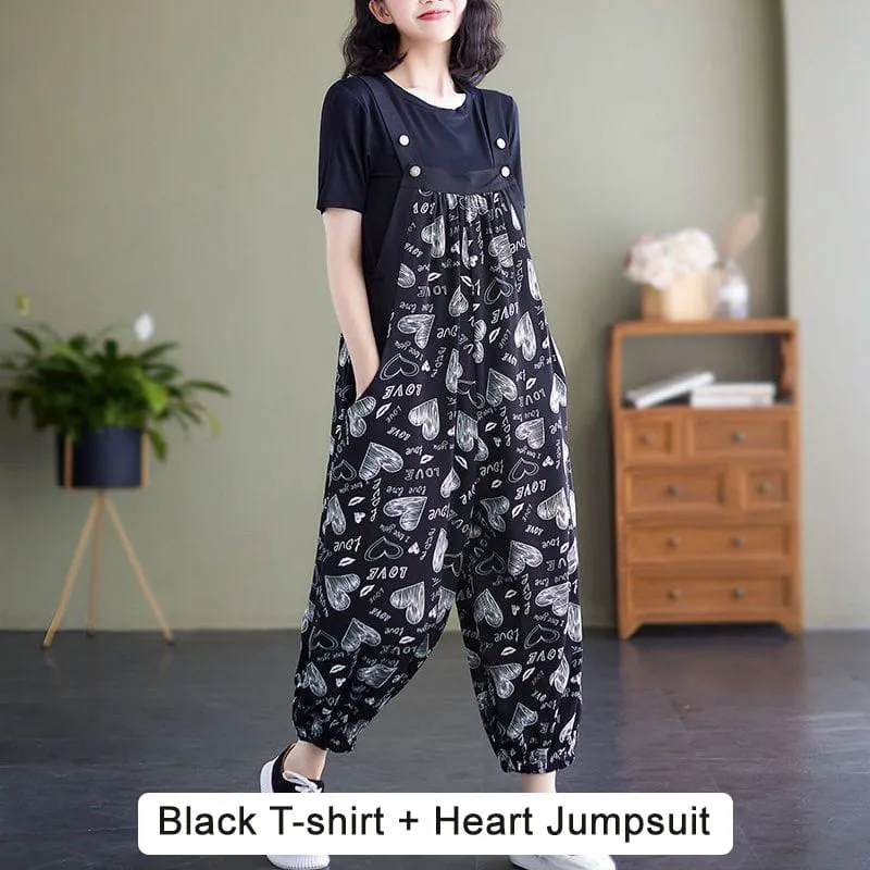 🔥50% OFF🔥Casual Loose Jumpsuit with Pockets & Solid Color T-Shirt Two-Piece Set