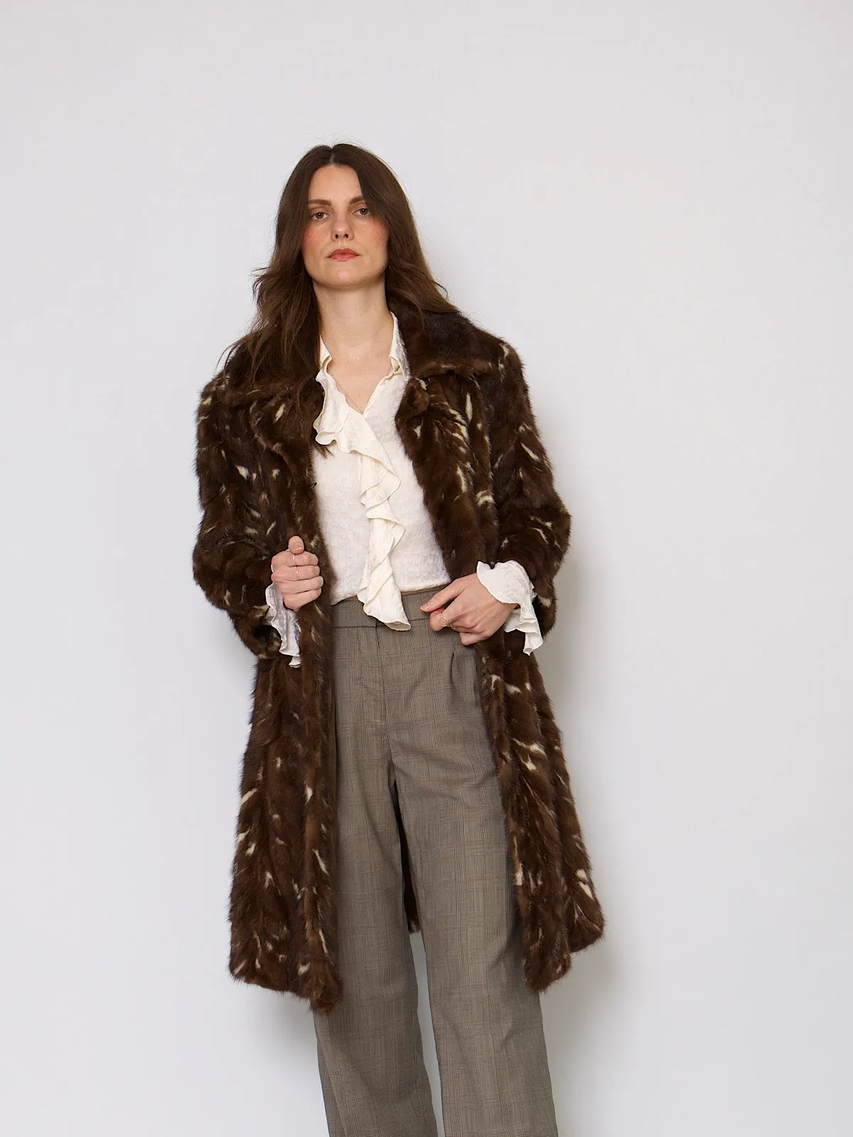 60s vintage fur coat brown and cream mink fur collar