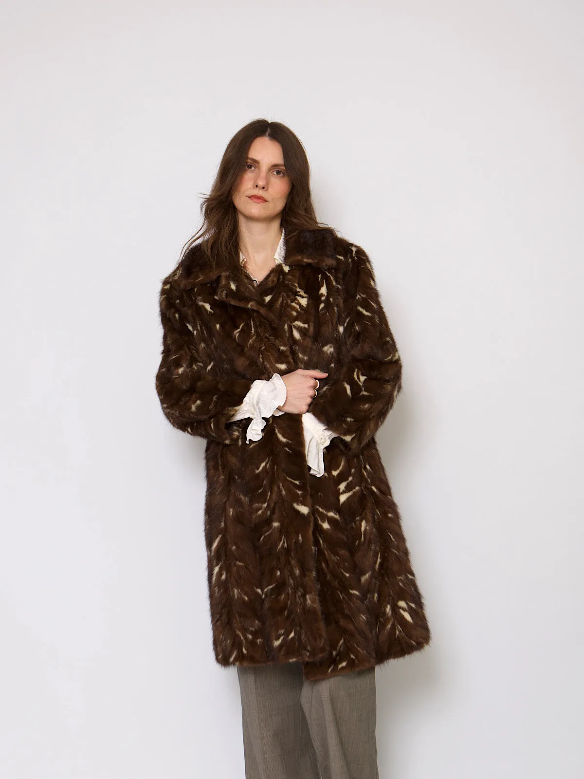 60s vintage fur coat brown and cream mink fur collar