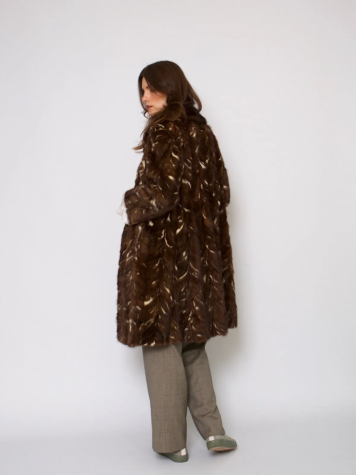 60s vintage fur coat brown and cream mink fur collar