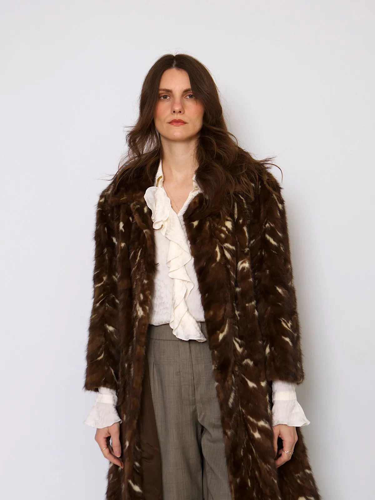 60s vintage fur coat brown and cream mink fur collar