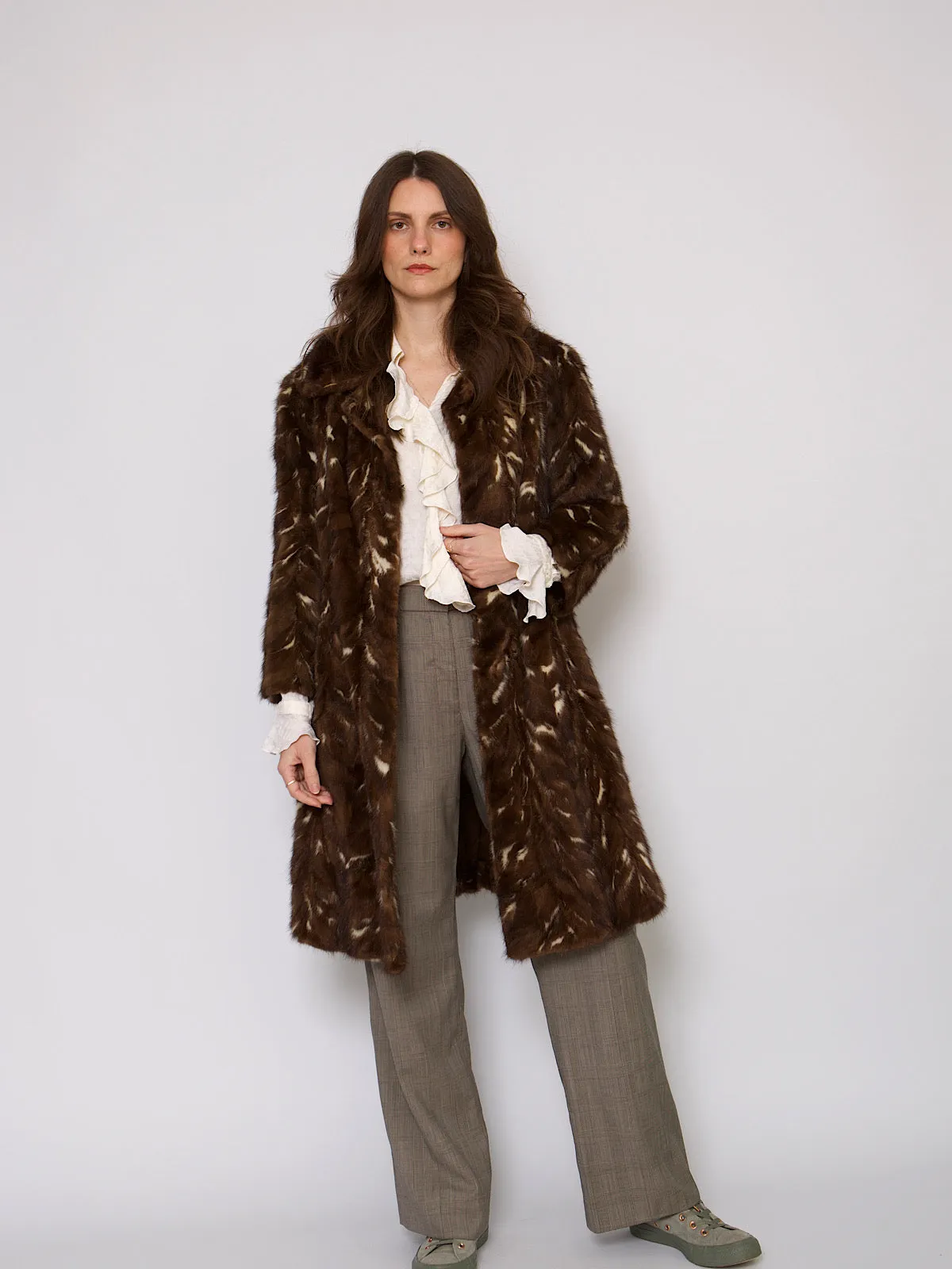 60s vintage fur coat brown and cream mink fur collar