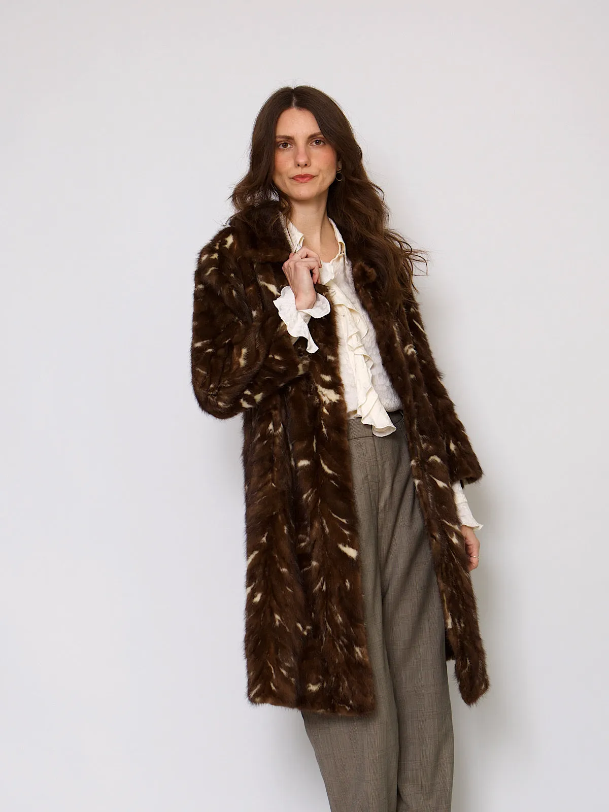 60s vintage fur coat brown and cream mink fur collar