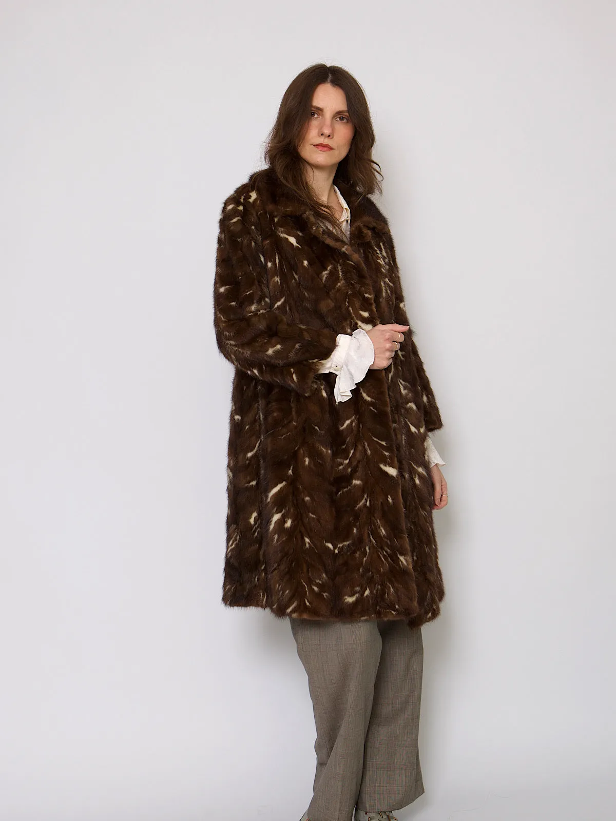 60s vintage fur coat brown and cream mink fur collar