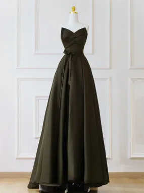 A-Line V Neck Satin Olive Green Long Prom Dress, Satin Long Formal Dress