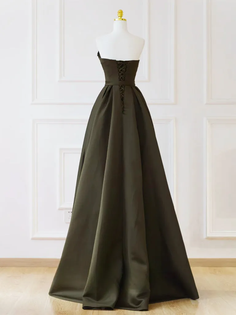 A-Line V Neck Satin Olive Green Long Prom Dress, Satin Long Formal Dress