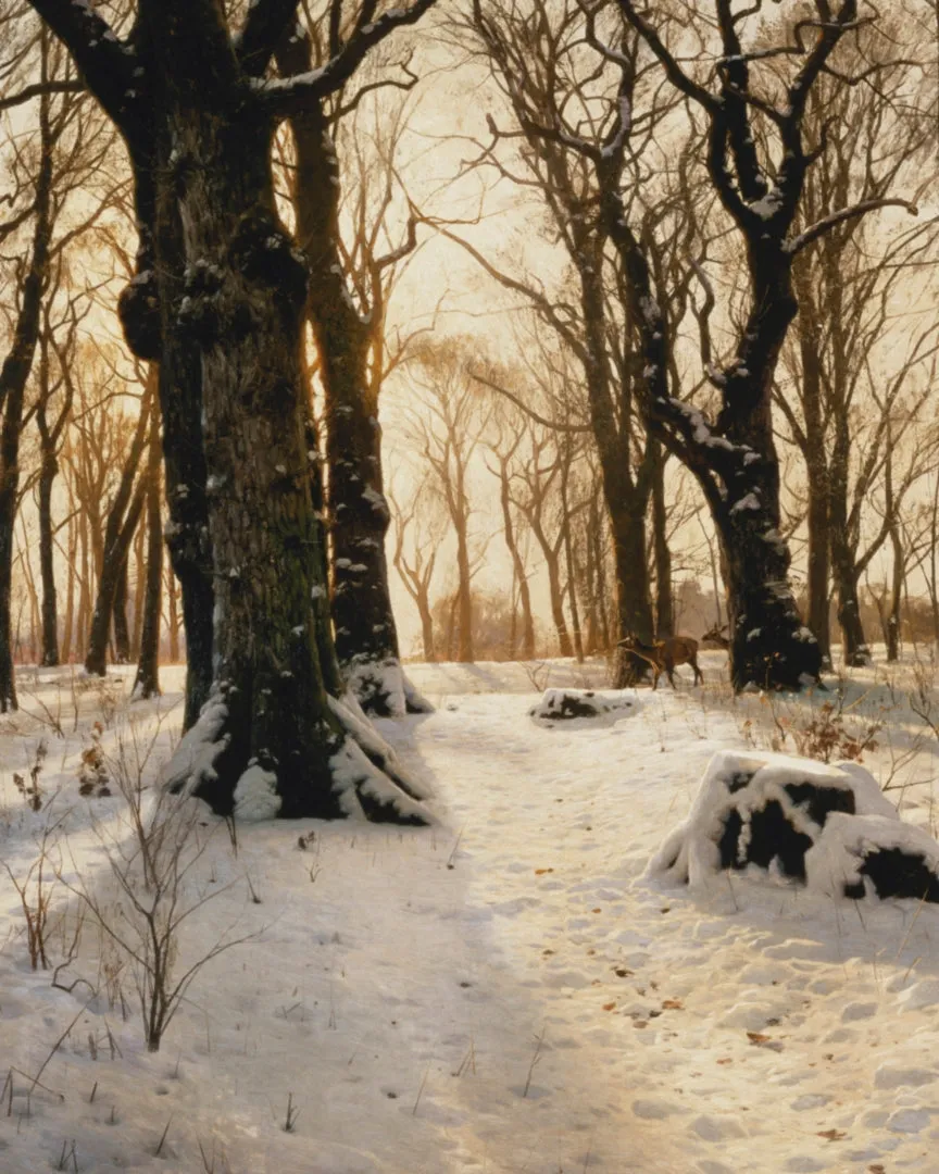 A WOODED WINTER LANDSCAPE WITH DEER