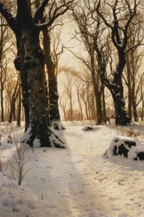 A WOODED WINTER LANDSCAPE WITH DEER