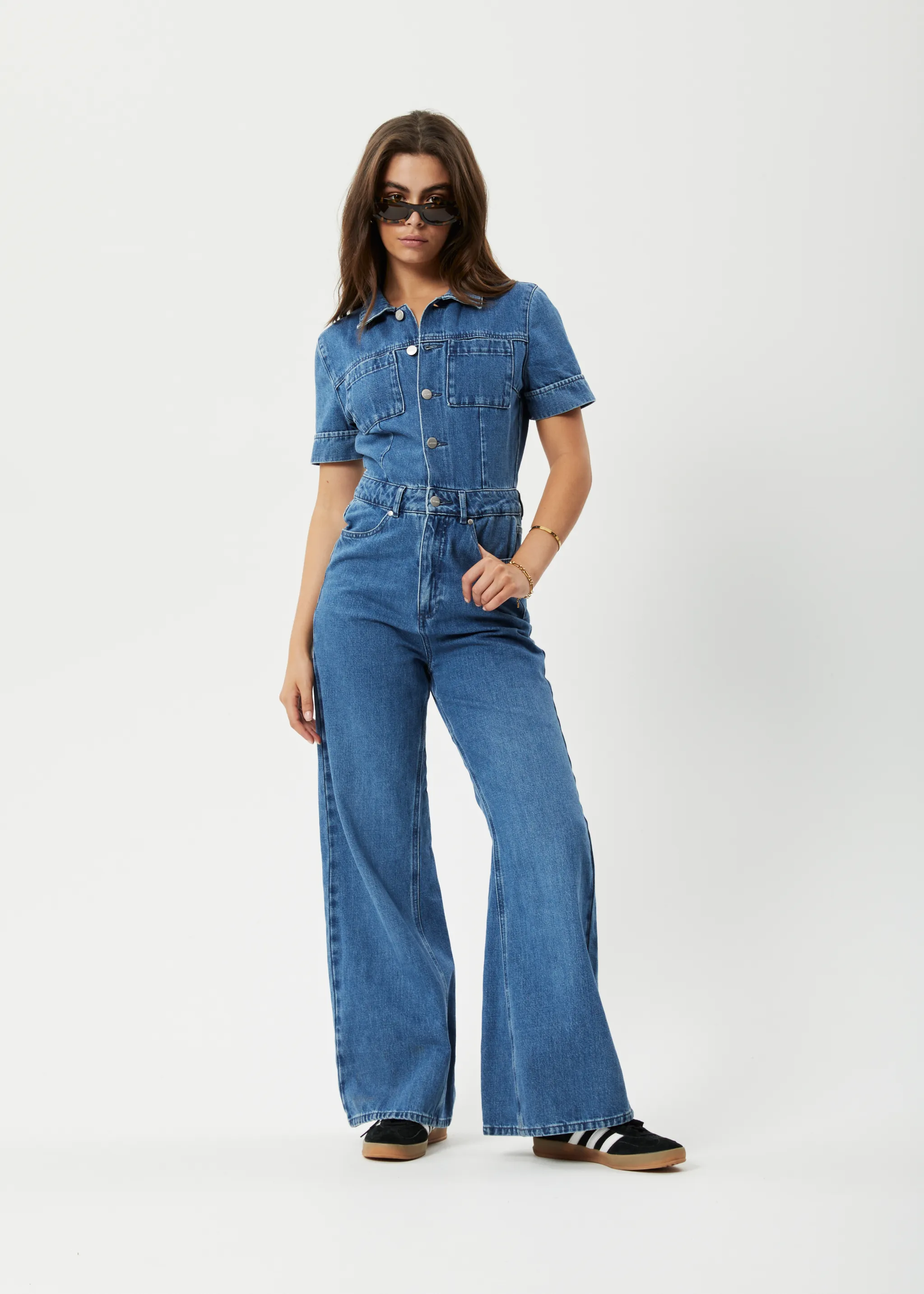 AFENDS Womens Miami - Denim Flared Jumpsuit - Authentic Blue