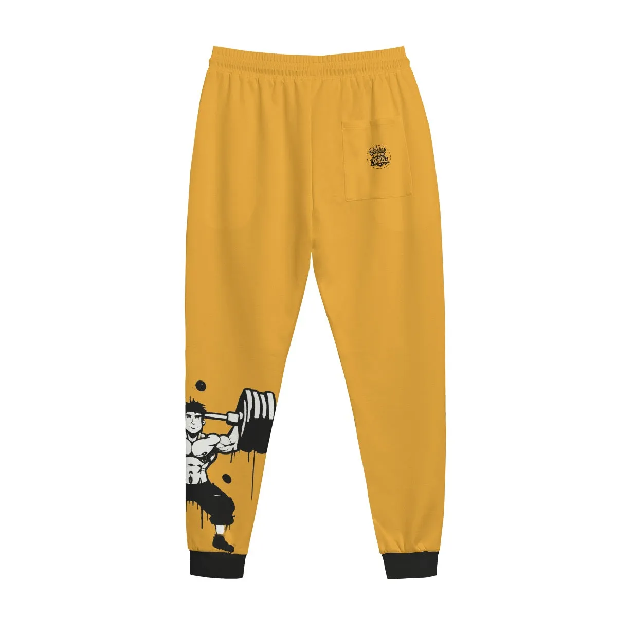 All-Over Print Men's Sweatpants | Interlock gold weightlifting theme