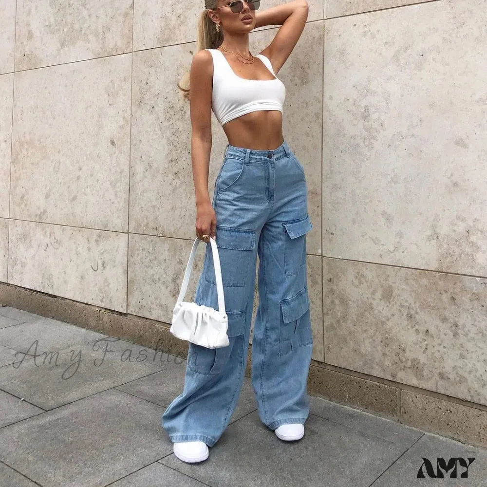 Amy Fashion - Loose Waist Casual Stylish Multi Pockets Trousers