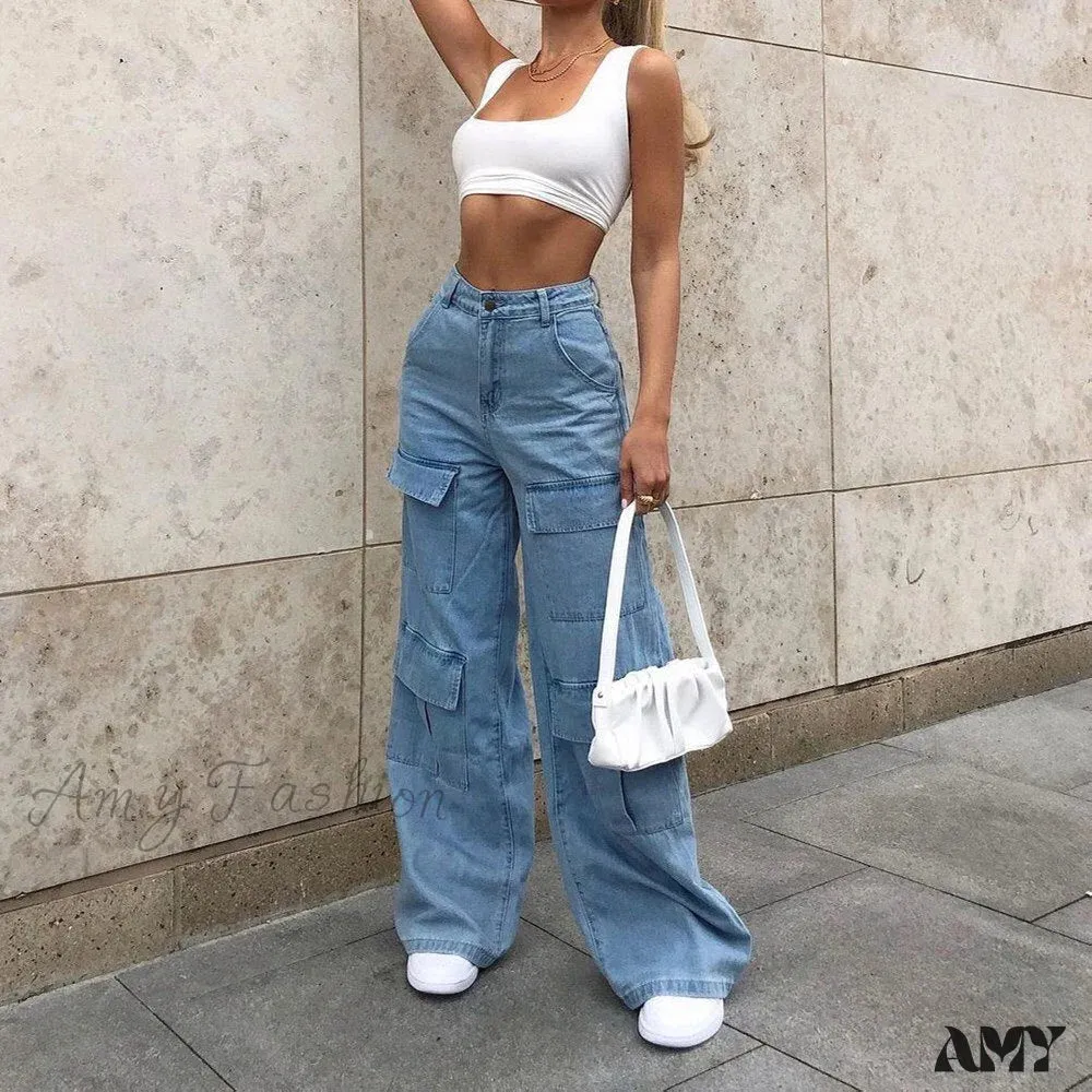 Amy Fashion - Loose Waist Casual Stylish Multi Pockets Trousers