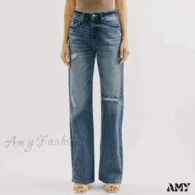 Amy Fashion - Ripped Washed High New Simple Street Loose Straight-leg Denim Jean