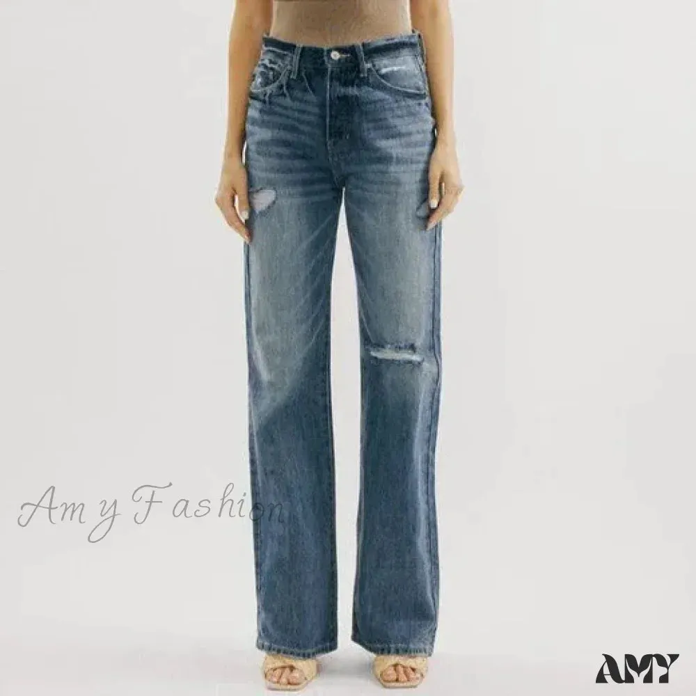 Amy Fashion - Ripped Washed High New Simple Street Loose Straight-leg Denim Jean