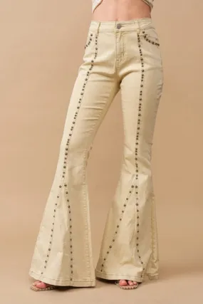 Antique Gold Metal Studs Flared Jeans