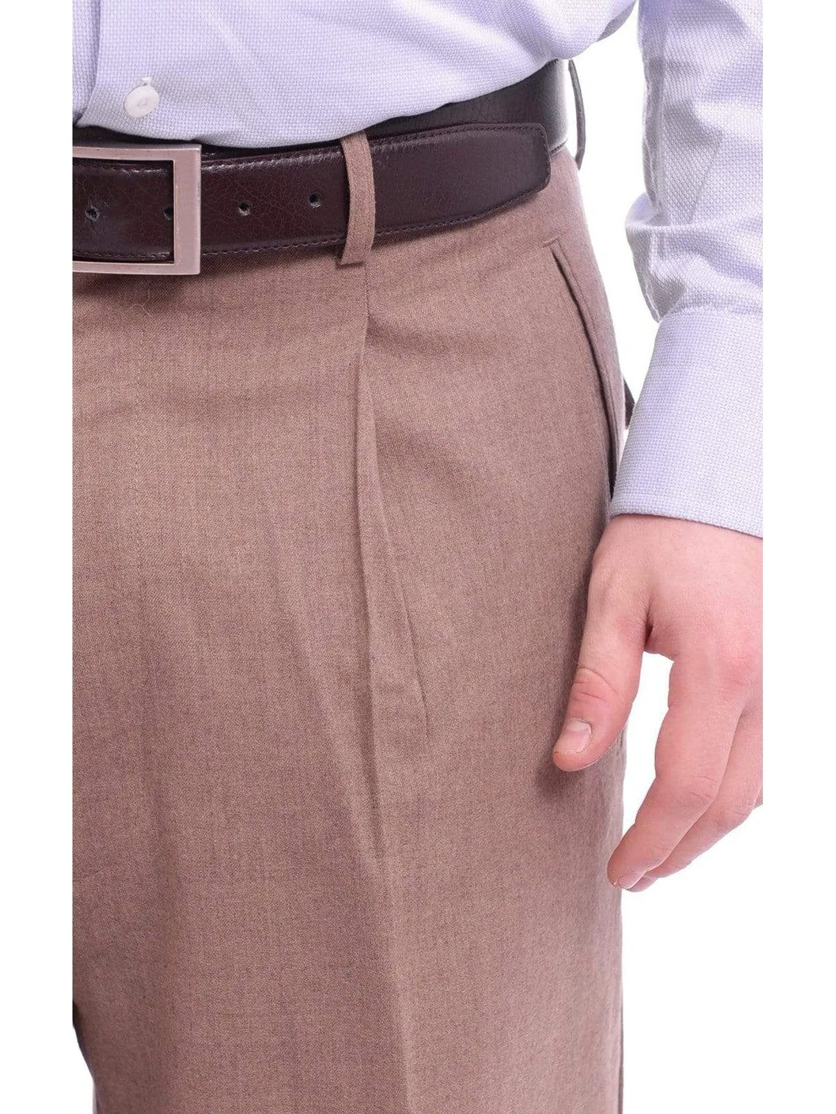 Apollo King Classic Fit Solid Taupe Single Pleated Wide Leg Wool Dress Pants