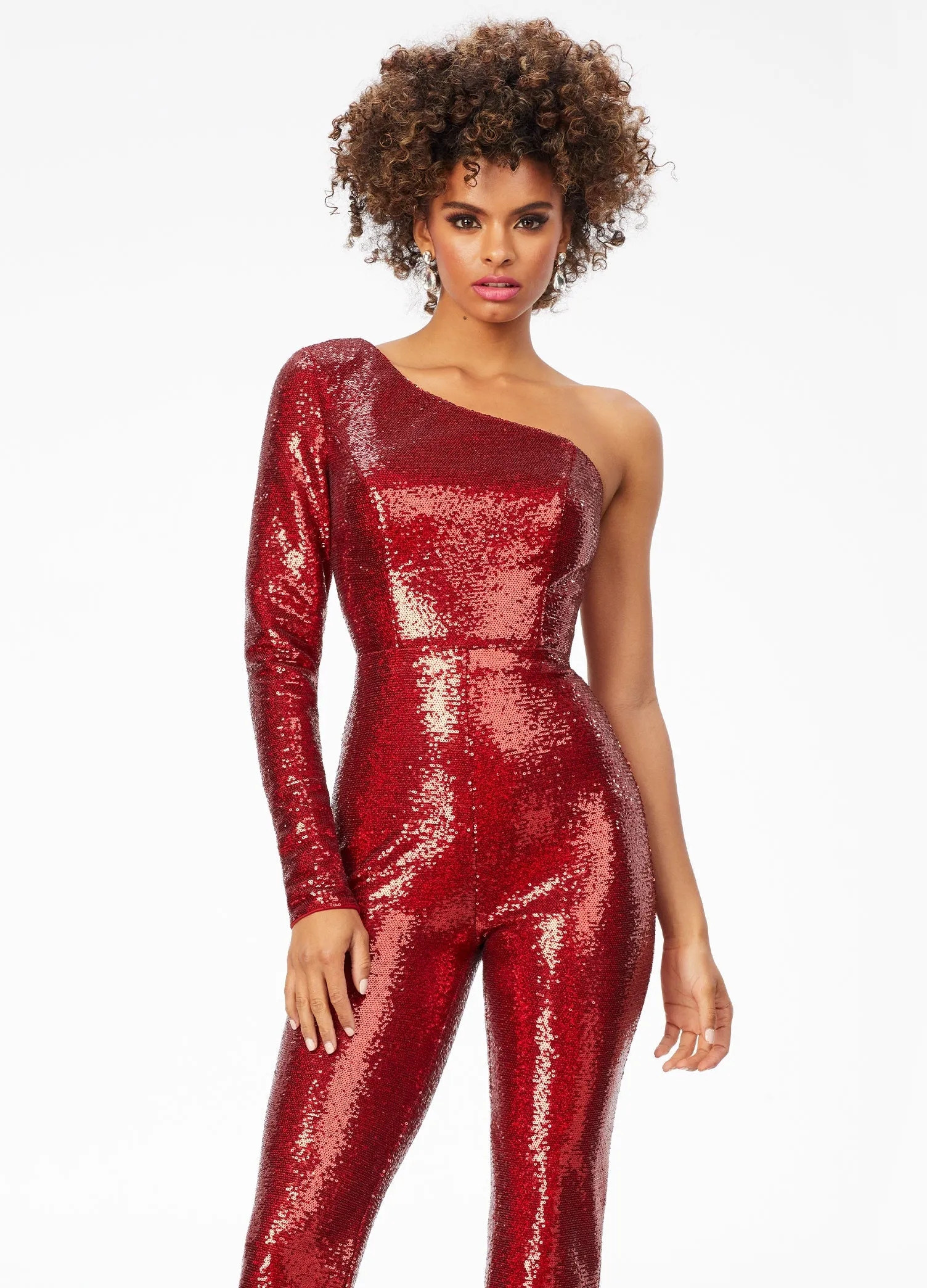 Ashley Lauren 11110 Size 2 Ruby Red Jumpsuit Long Sequin Bell Sleeve Pageant Jumpsuit One Shoulder