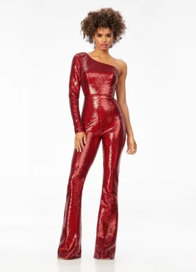 Ashley Lauren 11110 Size 2 Ruby Red Jumpsuit Long Sequin Bell Sleeve Pageant Jumpsuit One Shoulder