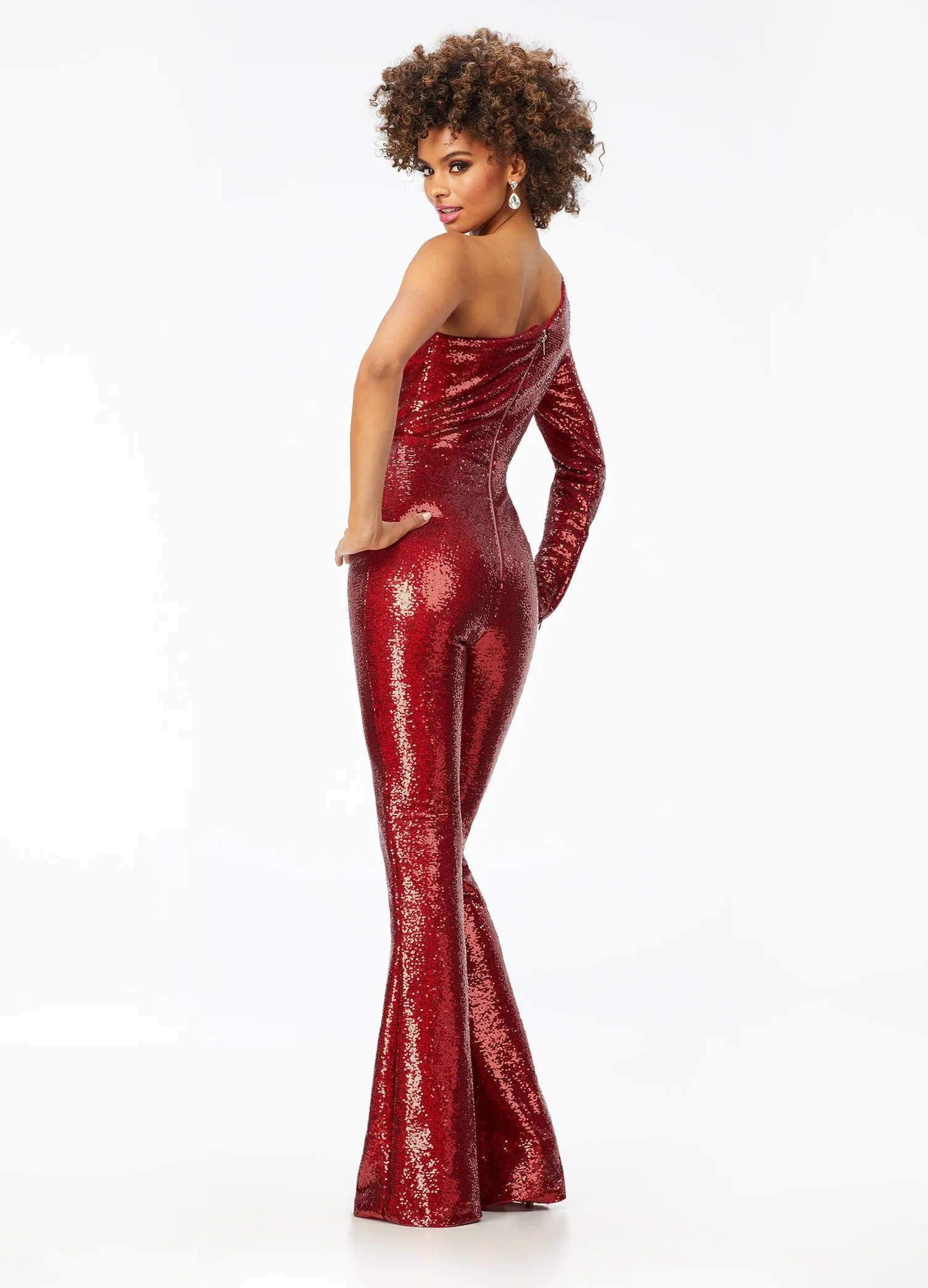 Ashley Lauren 11110 Size 2 Ruby Red Jumpsuit Long Sequin Bell Sleeve Pageant Jumpsuit One Shoulder