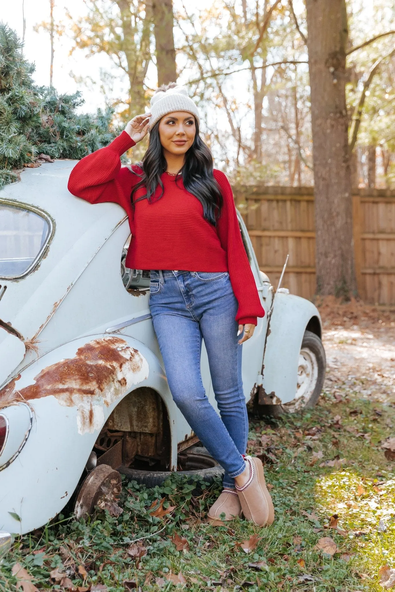 Avery Ribbed Boat Neck Sweater - Red