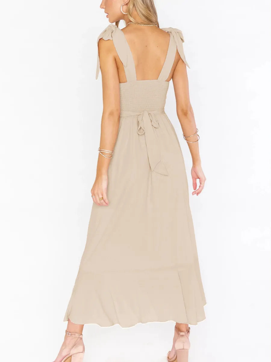 AVIANCA SHOULDER TIE BRIDAL MIDI DRESS - BEIGE