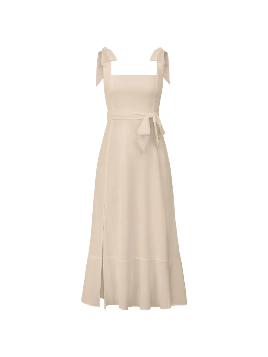 AVIANCA SHOULDER TIE BRIDAL MIDI DRESS - BEIGE