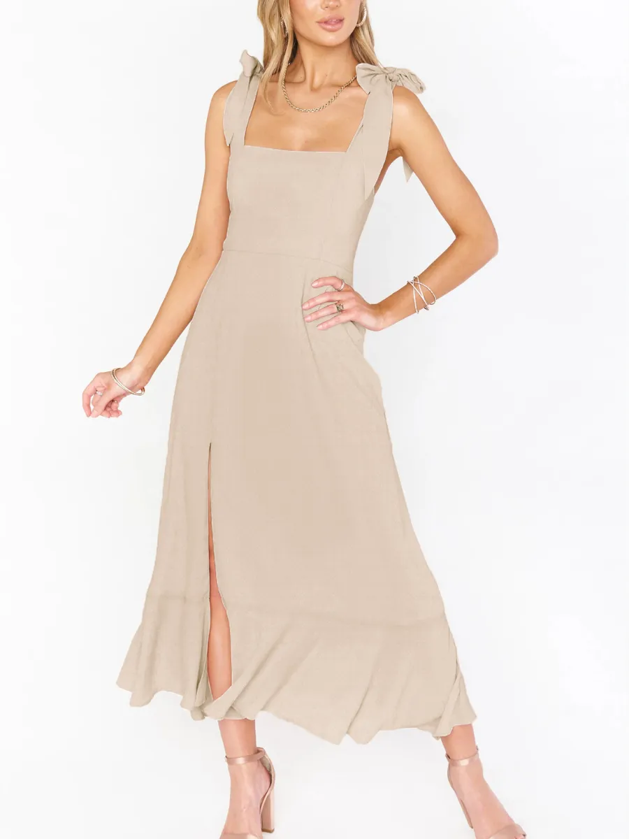 AVIANCA SHOULDER TIE BRIDAL MIDI DRESS - BEIGE