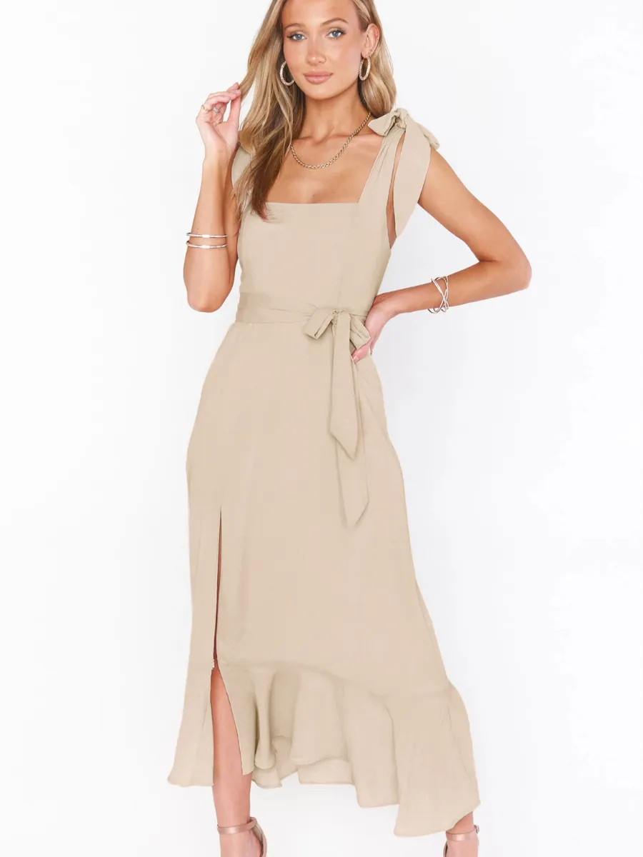 AVIANCA SHOULDER TIE BRIDAL MIDI DRESS - BEIGE