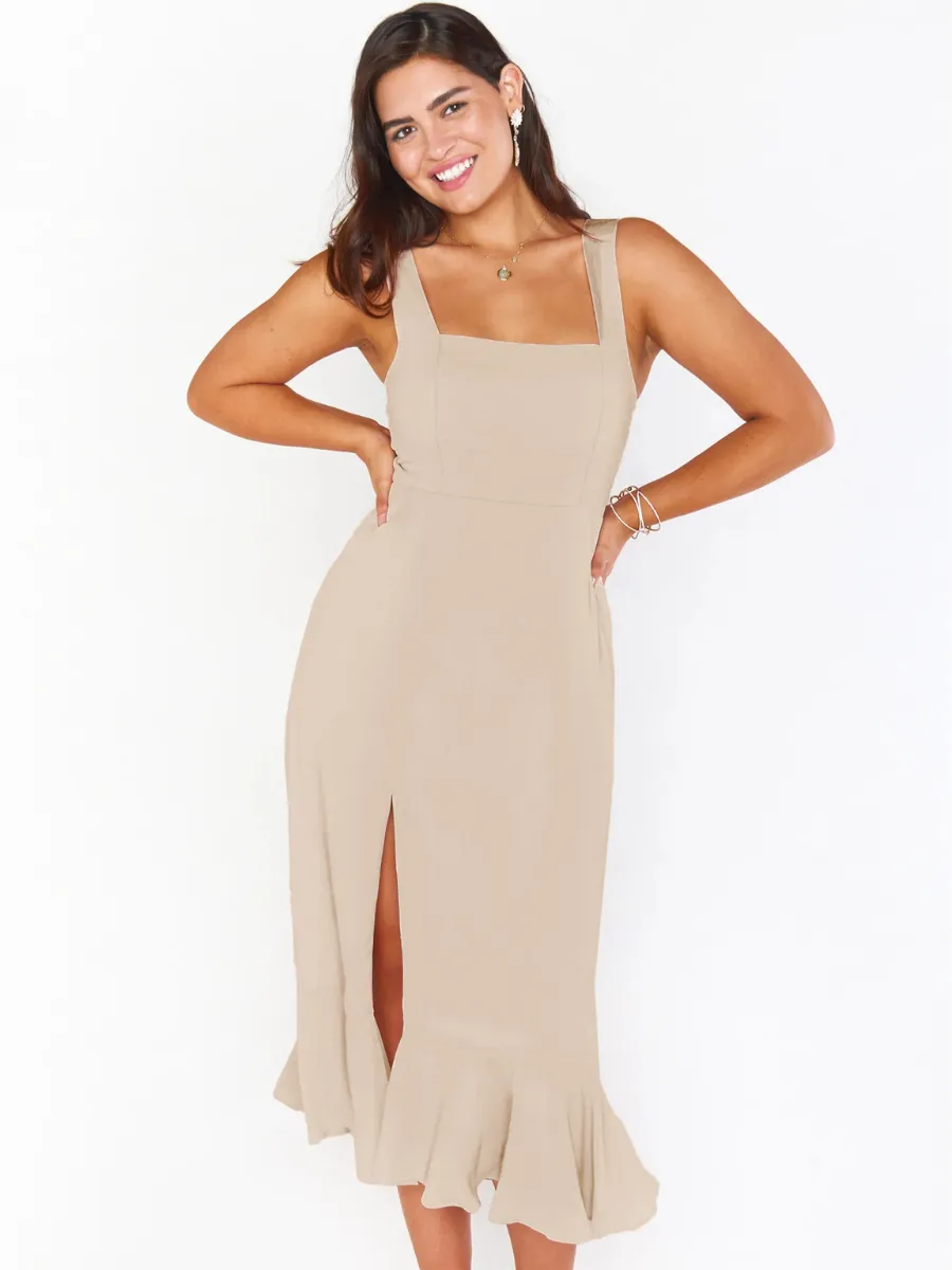 AVIANCA SHOULDER TIE BRIDAL MIDI DRESS - BEIGE