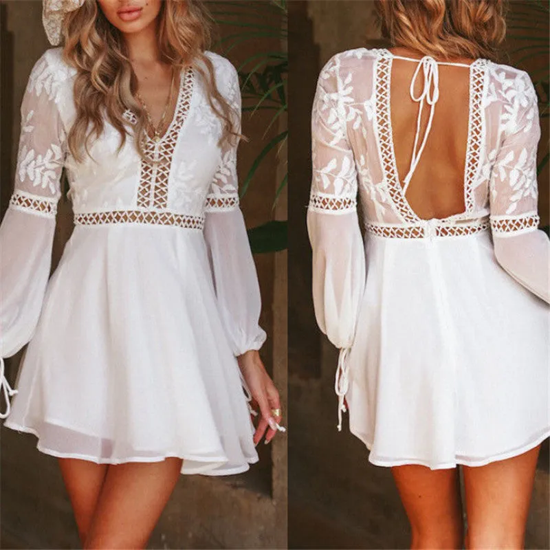 Backless Sheer White Mini Dress