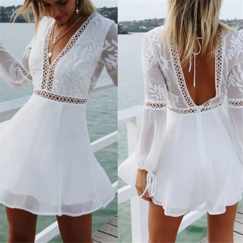 Backless Sheer White Mini Dress