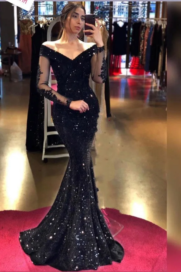 Balck Long Mermaid Off-the-shoulder Sequins Prom Dress with Sleeves