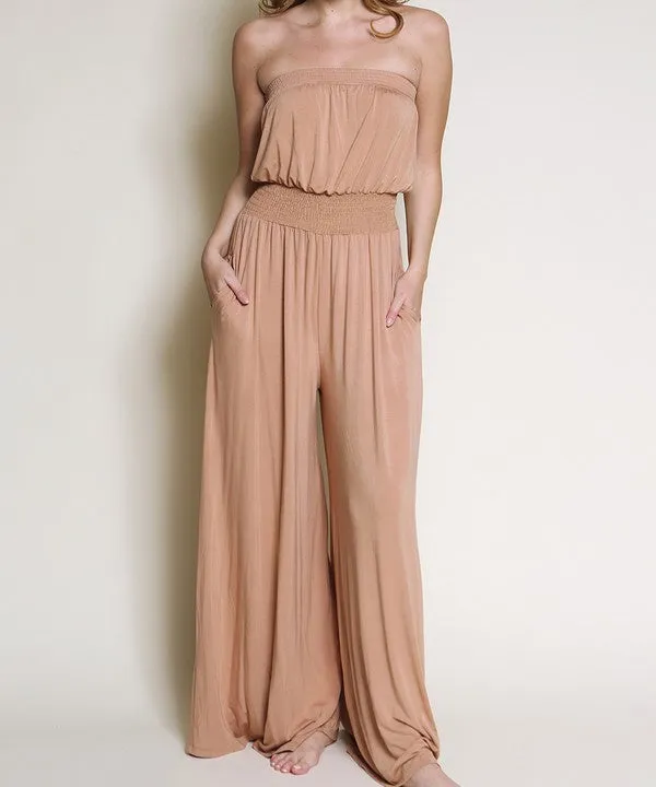 Bamboo Camel Strapless Knit Jumpsuit w/Pockets