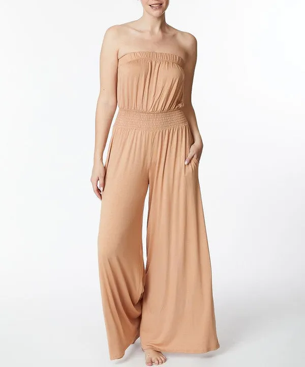 Bamboo Camel Strapless Knit Jumpsuit w/Pockets