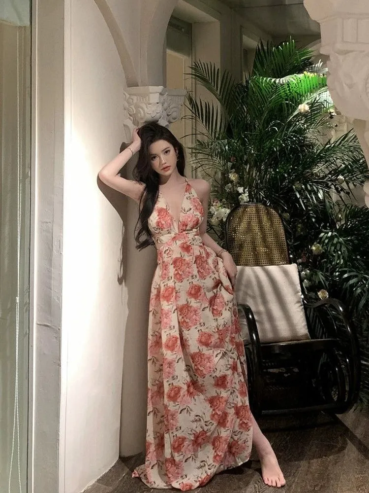 Beach vacation backless halter neck floral suspender dress sexy long dress      S5805