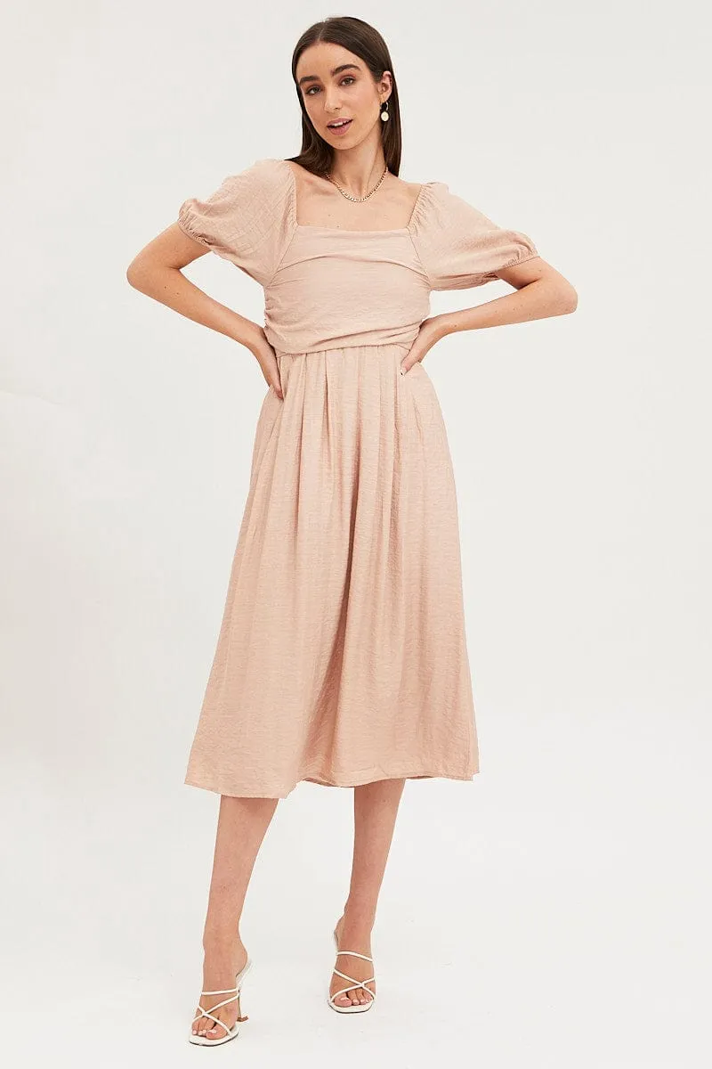 Beige Midi Dress Evening Square Neck