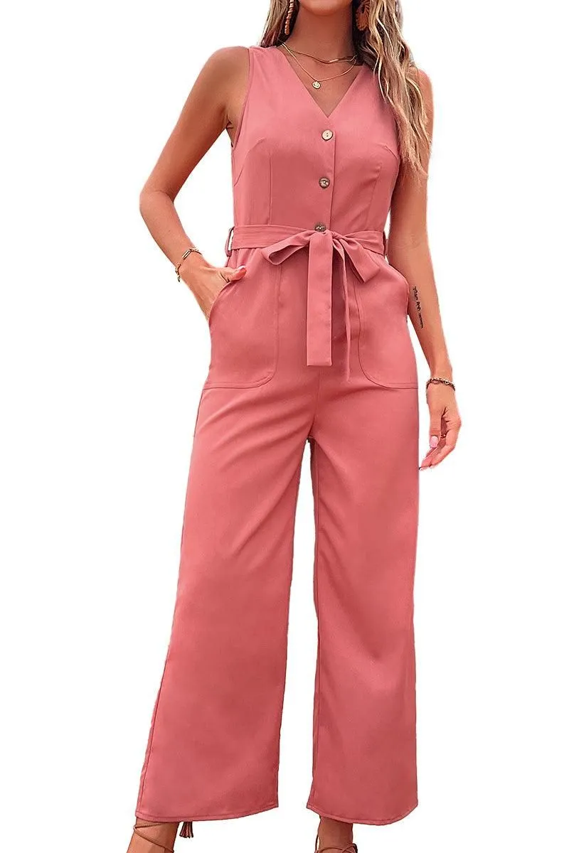 BIG POCKET TIED WAIST SLEEVELESS JUMPSUIT