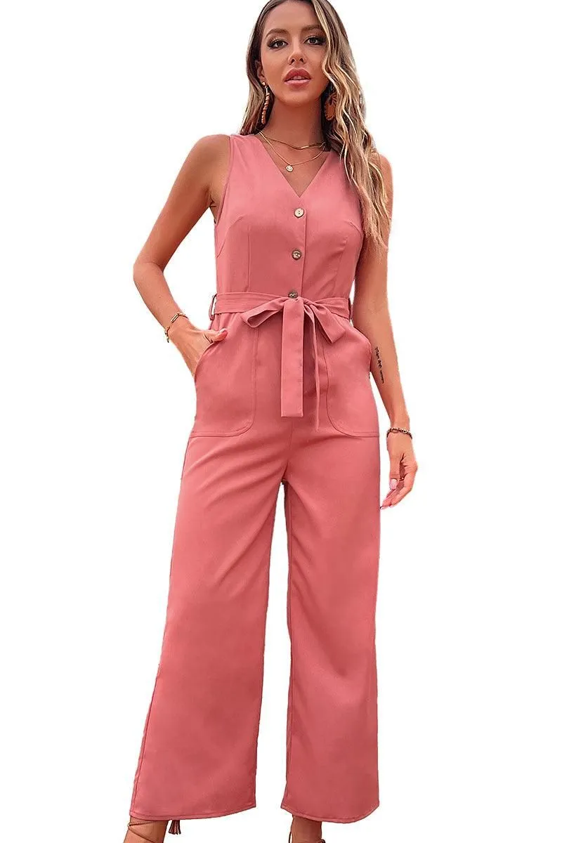 BIG POCKET TIED WAIST SLEEVELESS JUMPSUIT