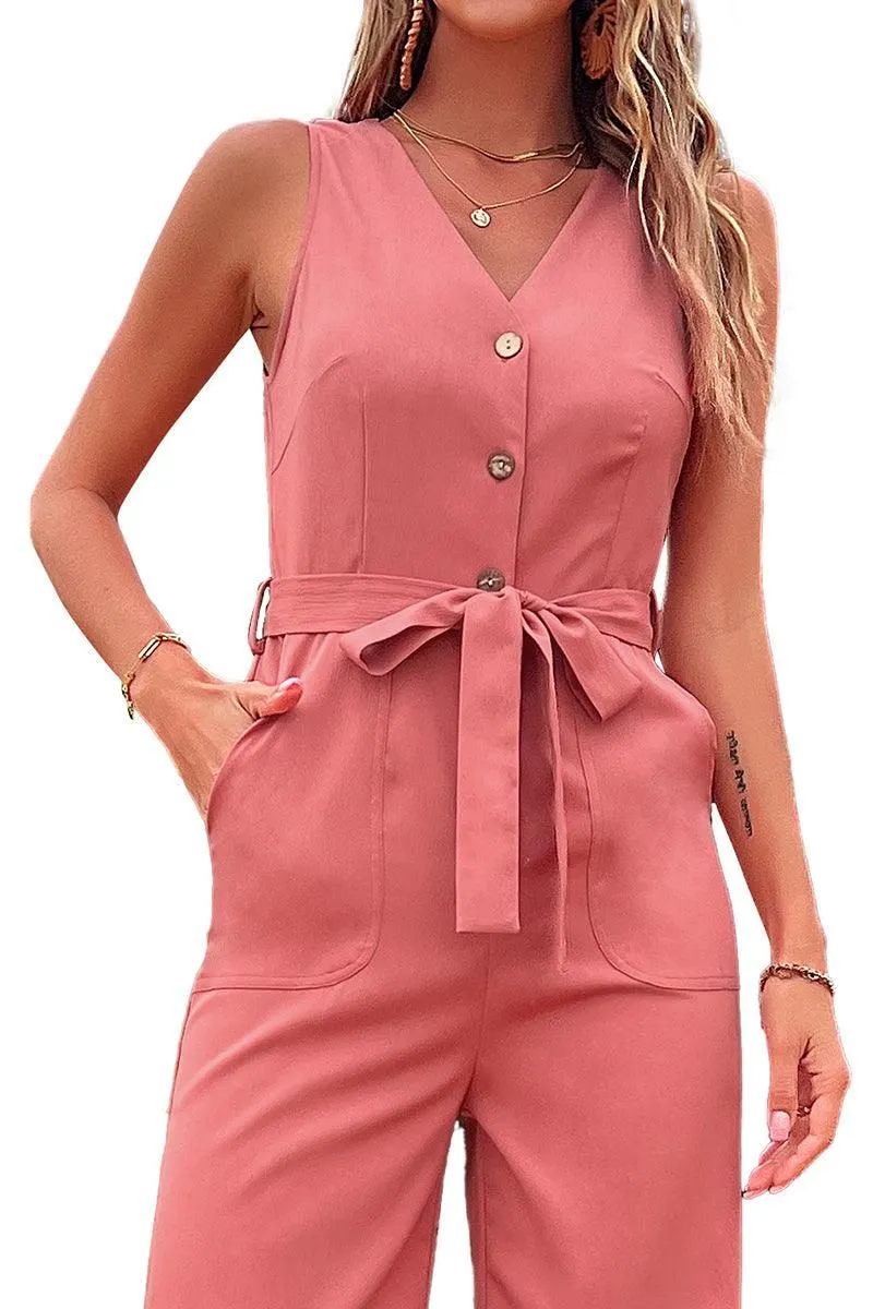 BIG POCKET TIED WAIST SLEEVELESS JUMPSUIT