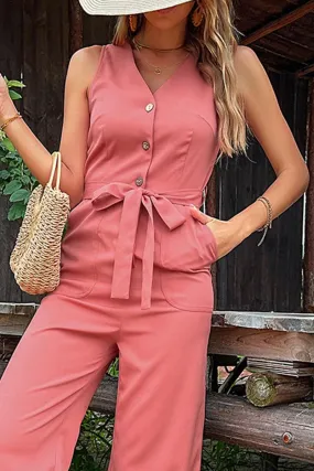 BIG POCKET TIED WAIST SLEEVELESS JUMPSUIT