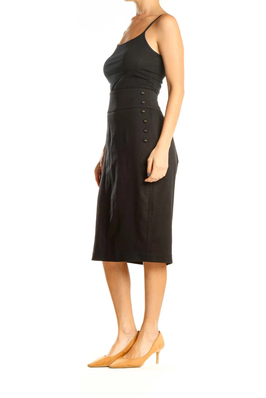 Black Classic Pencil Skirt with Button Detail