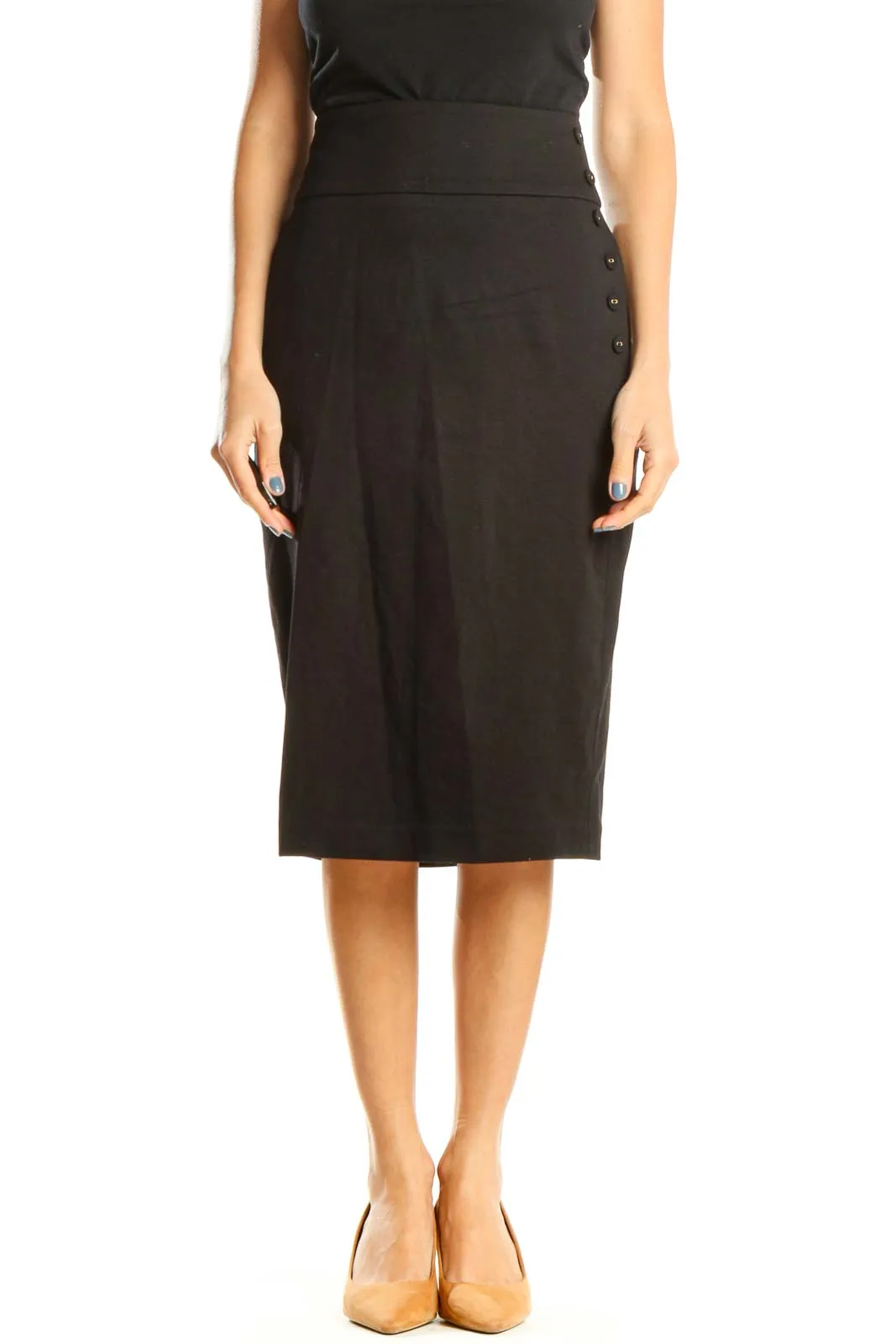 Black Classic Pencil Skirt with Button Detail