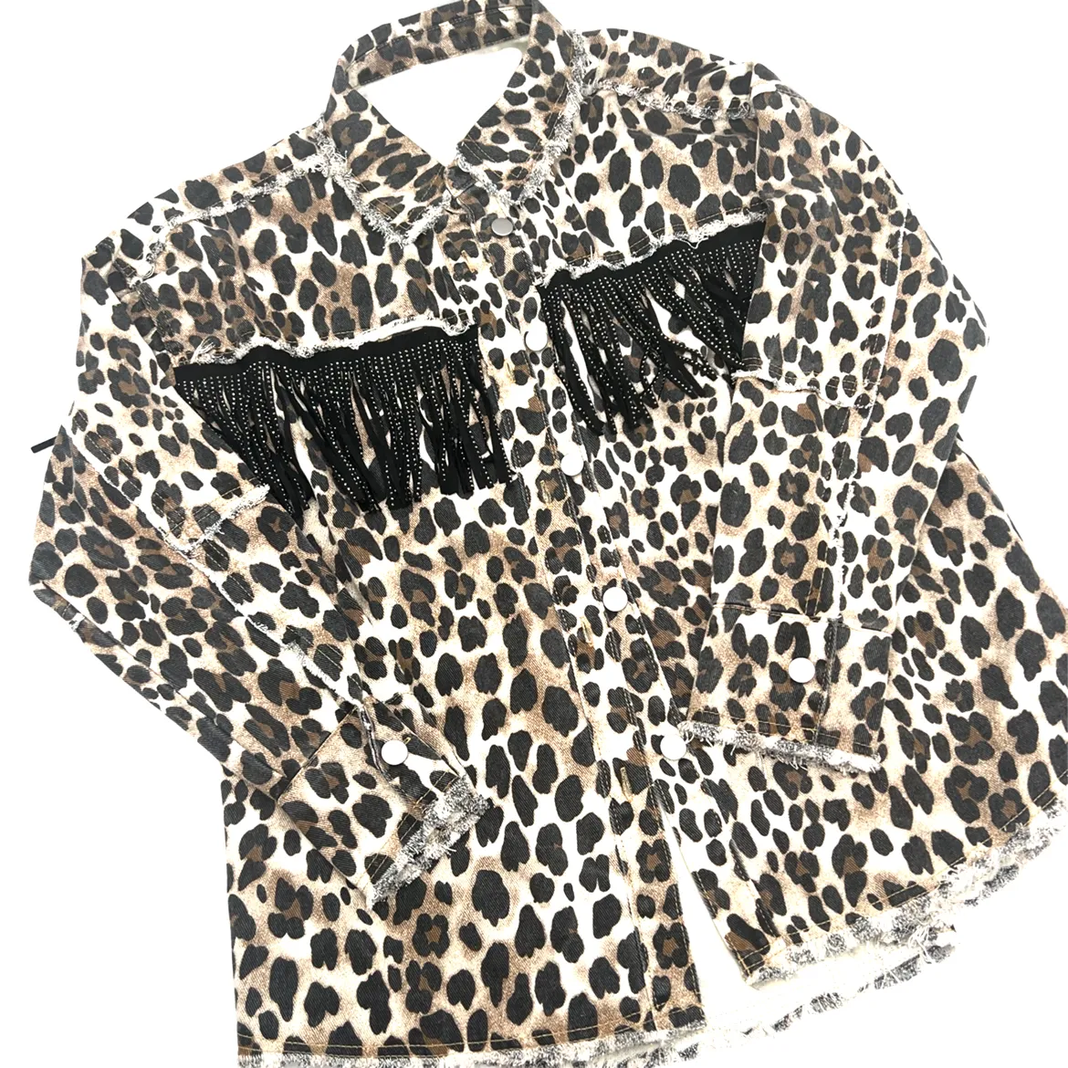 Black Crystal Fringe Leopard Denim Jacket