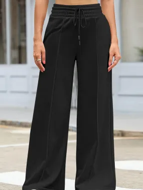 Black Elastic Waist Wide Leg Drawstring Sweatpants with Smocked Detail