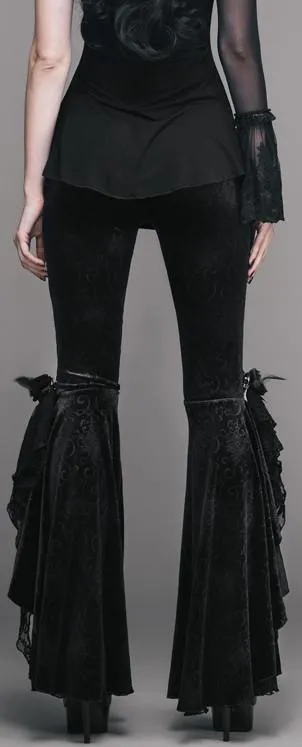 Black Flared Floral Applique Velour Pants