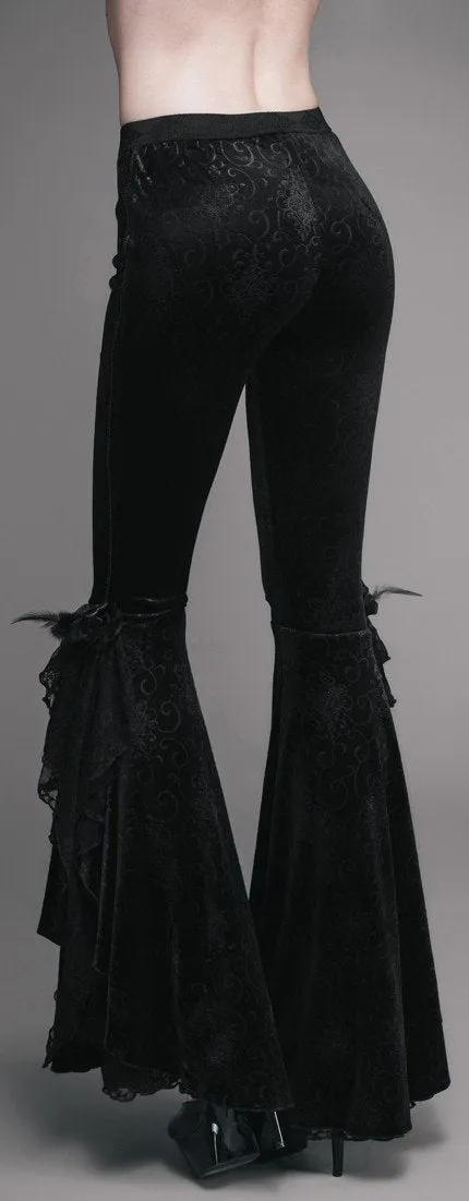 Black Flared Floral Applique Velour Pants