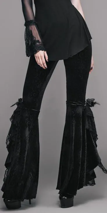 Black Flared Floral Applique Velour Pants